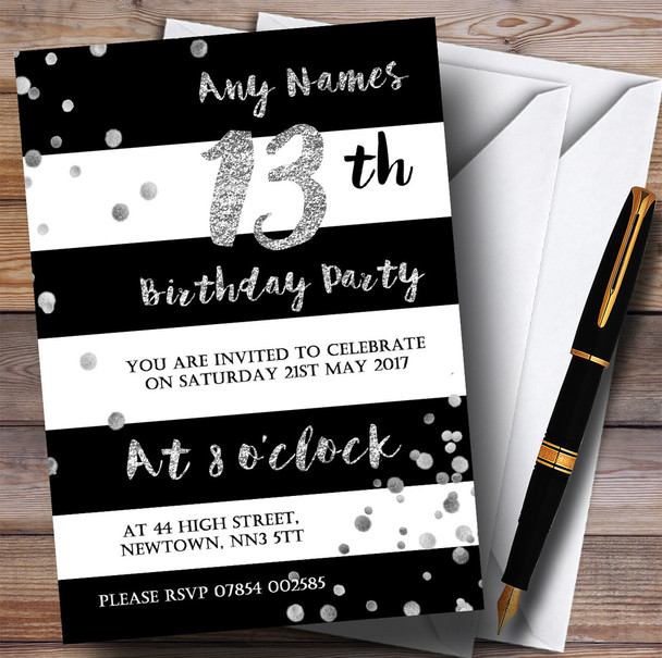 Black White Silver Confetti 13th Personalized Birthday Party Invitations