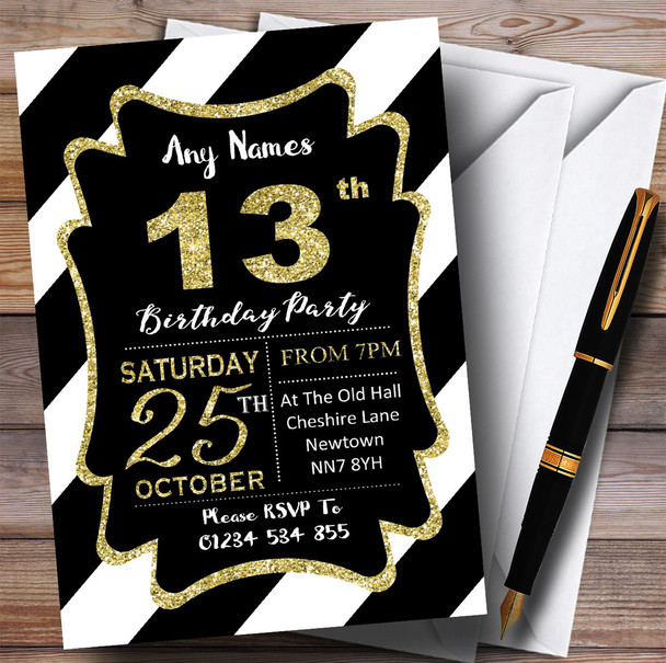 Black White Diagonal Stripes Gold 13th Personalized Birthday Party Invitations