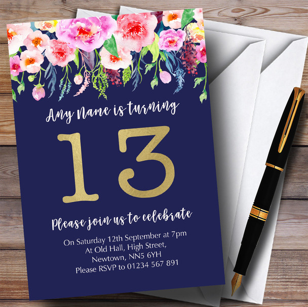 Blue & Pink Watercolour Flowers 13th Personalized Birthday Party Invitations