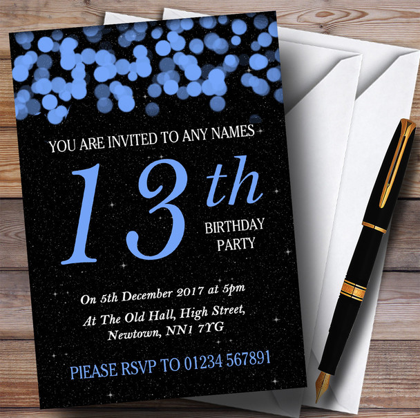 Blue Bokeh & Stars 13th Personalized Birthday Party Invitations