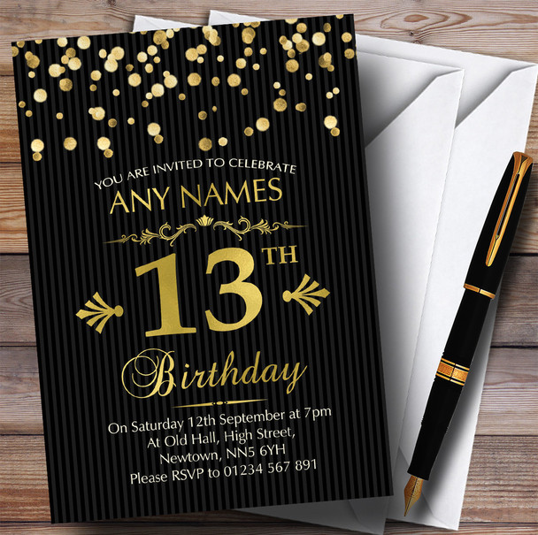 Gold Confetti Black Striped 13th Personalized Birthday Party Invitations