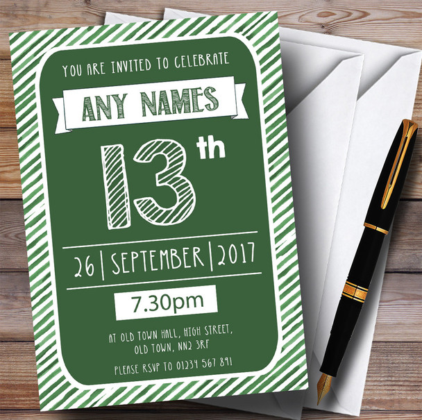 Green & White Stripy Deco 13th Personalized Birthday Party Invitations