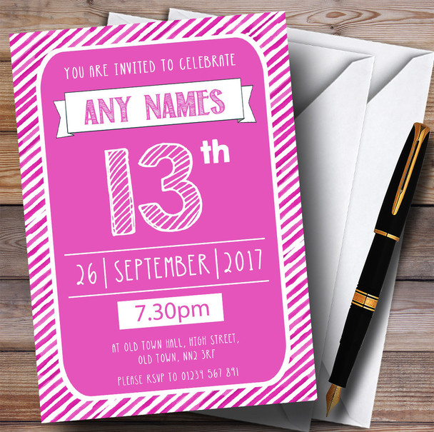 Pink & White Stripy Deco 13th Personalized Birthday Party Invitations