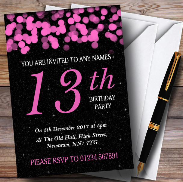 Pink Bokeh & Stars 13th Personalized Birthday Party Invitations