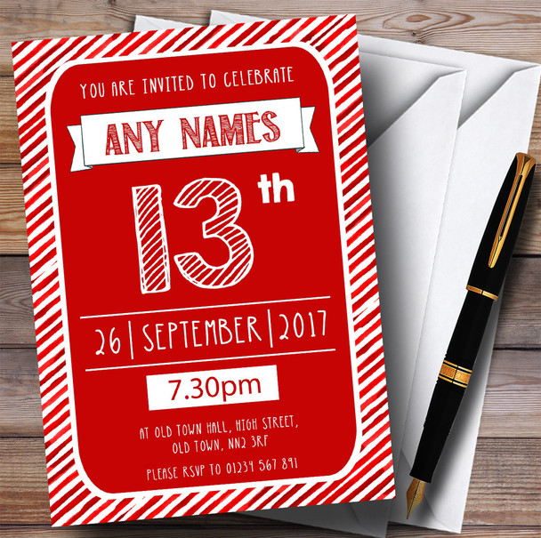 Red & White Stripy Deco 13th Personalized Birthday Party Invitations