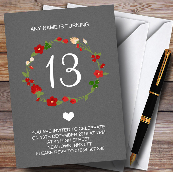 Red Floral Wreath Grey Rustic 13th Personalized Birthday Party Invitations