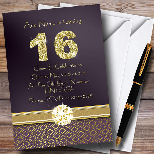 Purple Satin And Gold 16Th Personalized Birthday Party Invitations