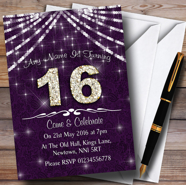 16Th Purple & White Bling Sparkle Birthday Party Personalized Invitations