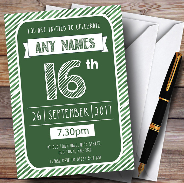 Green & White Stripy Deco 16th Personalized Birthday Party Invitations