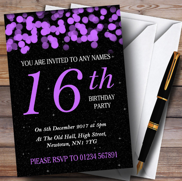 Purple Bokeh & Stars 16th Personalized Birthday Party Invitations
