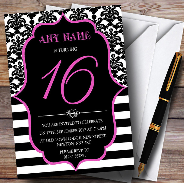 Vintage Damask Pink 16th Personalized Birthday Party Invitations