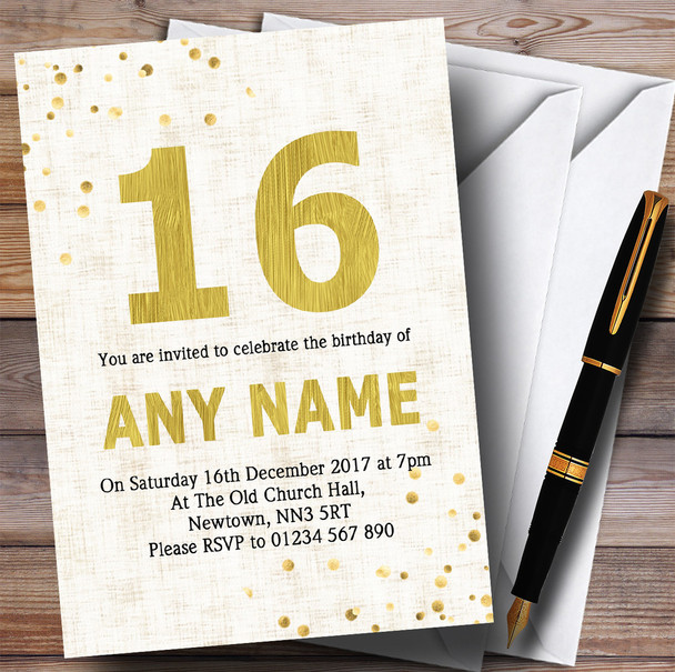 White Gold Fleck 16th Personalized Birthday Party Invitations