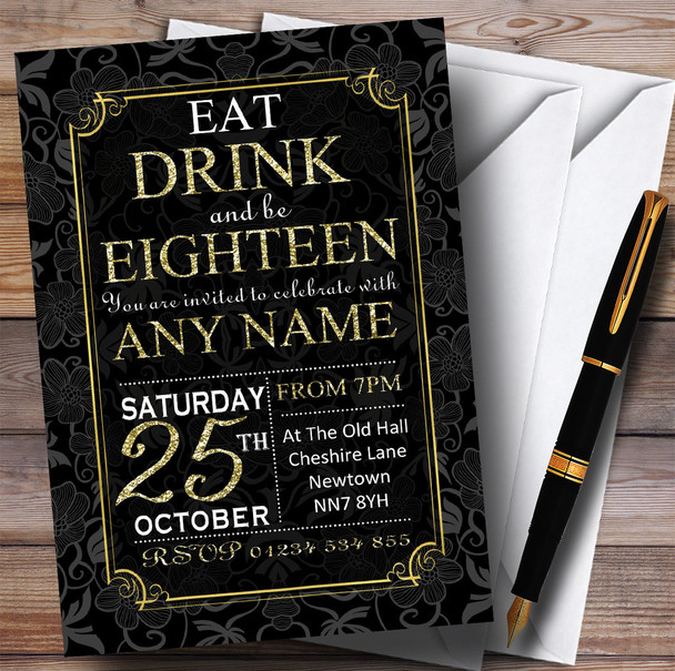 Black & Gold Flowers 18th Personalized Birthday Party Invitations
