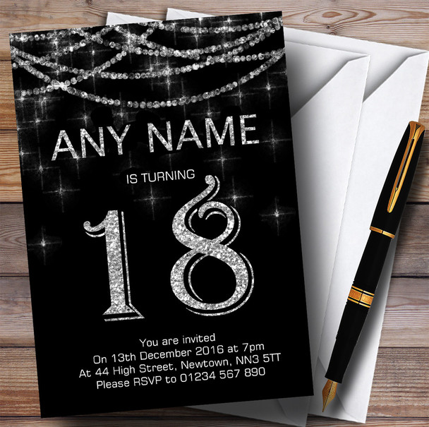 Black & Silver Sparkly Garland 18th Personalized Birthday Party Invitations