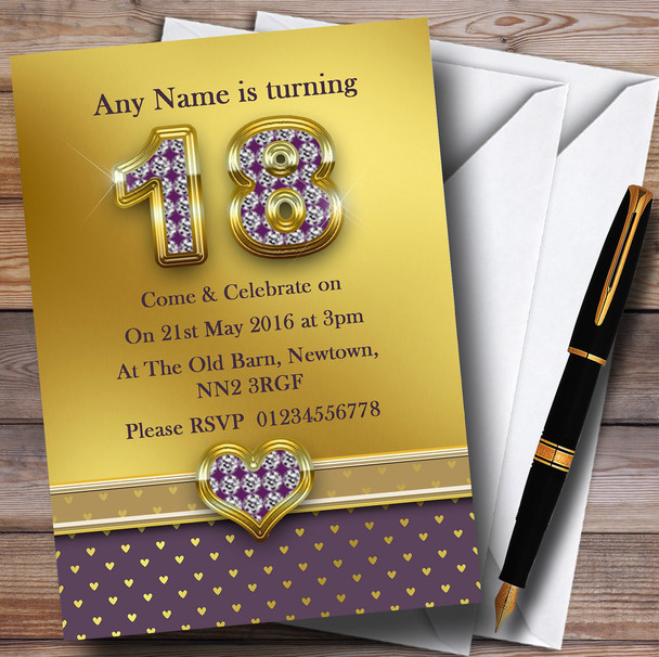 Gold Satin And Purple Hearts 18Th Personalized Birthday Party Invitations