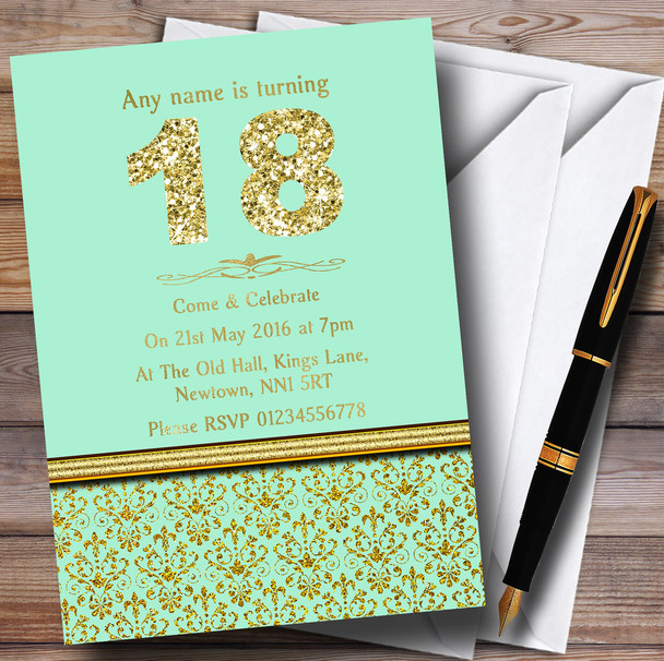 Mint Green & Gold Vintage Damask 18Th Personalized Birthday Party Invitations