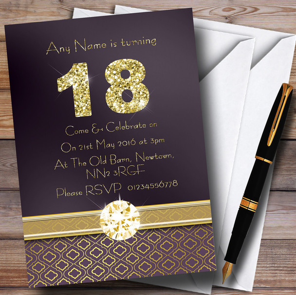 Purple Satin And Gold 18Th Personalized Birthday Party Invitations