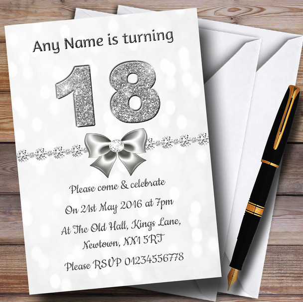 White Bokeh & Silver Glitter Look 18Th Personalized Birthday Party Invitations