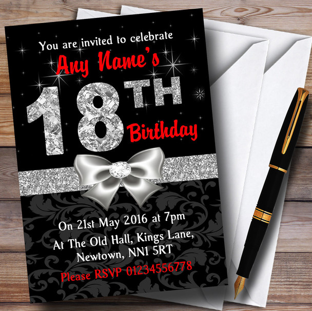 Red Black Silver Diamond 18Th Birthday Party Personalized Invitations