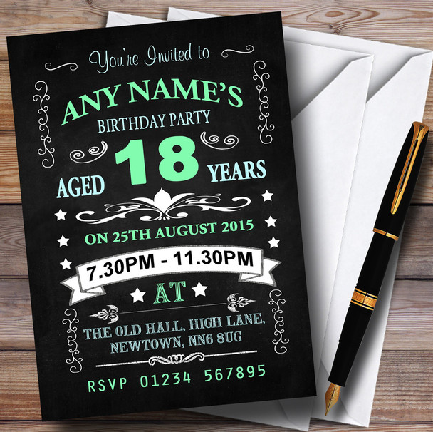 Vintage Chalkboard Style Green And Blue 18Th Birthday Party Personalized Invitations