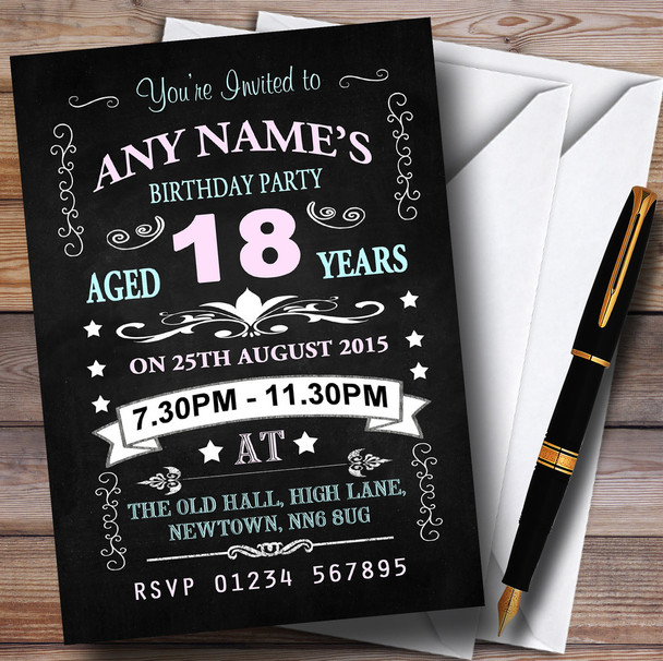 Vintage Chalkboard Style Pink And Blue 18Th Birthday Party Personalized Invitations