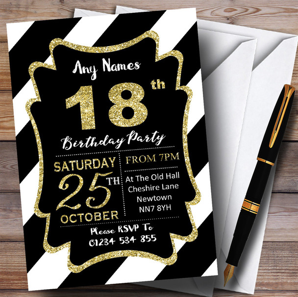 Black White Diagonal Stripes Gold 18th Personalized Birthday Party Invitations