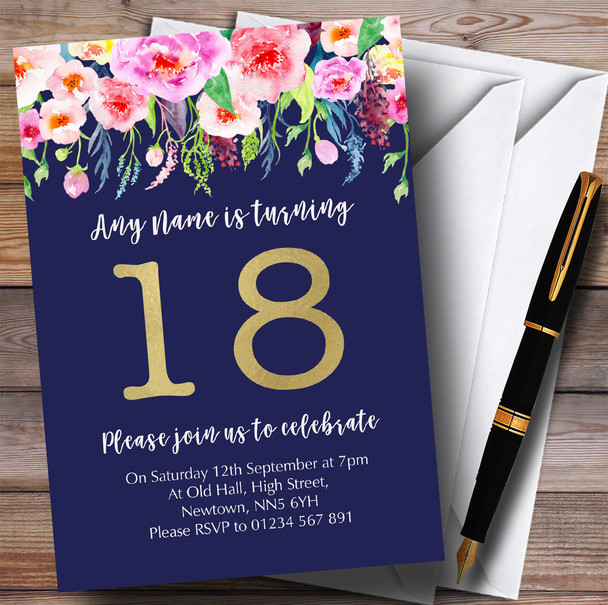 Blue & Pink Watercolour Flowers 18th Personalized Birthday Party Invitations
