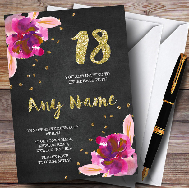 Chalk Gold Confetti Pink Flowers 18th Personalized Birthday Party Invitations