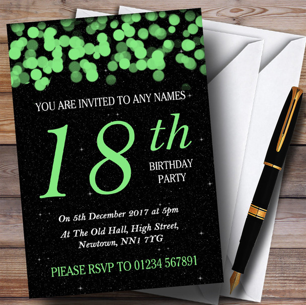 Green Bokeh & Stars 18th Personalized Birthday Party Invitations