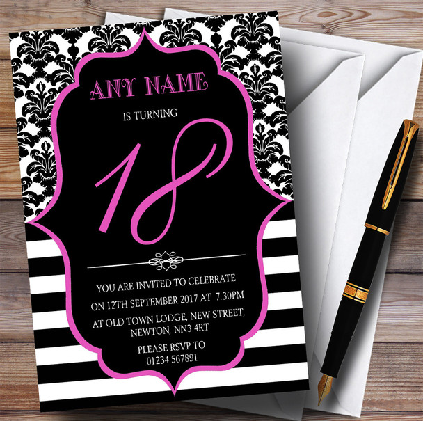 Vintage Damask Pink 18th Personalized Birthday Party Invitations