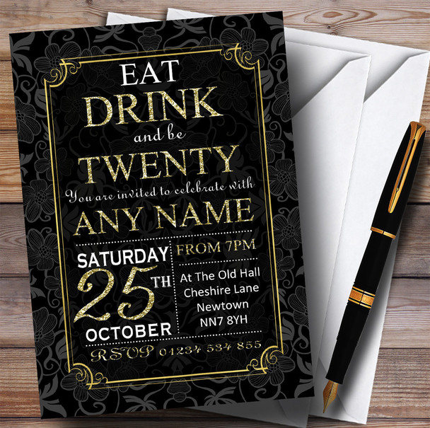 Black & Gold Flowers 20th Personalized Birthday Party Invitations