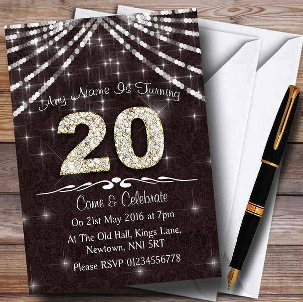 20Th  Brown & White Bling Sparkle Birthday Party Personalized Invitations