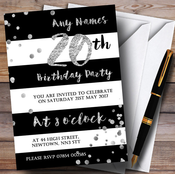Black White Silver Confetti 20th Personalized Birthday Party Invitations