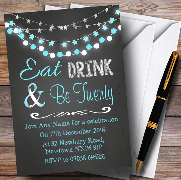 Chalk Blue Lights 20th Personalized Birthday Party Invitations