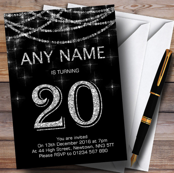 Black & Silver Sparkly Garland 20th Personalized Birthday Party Invitations