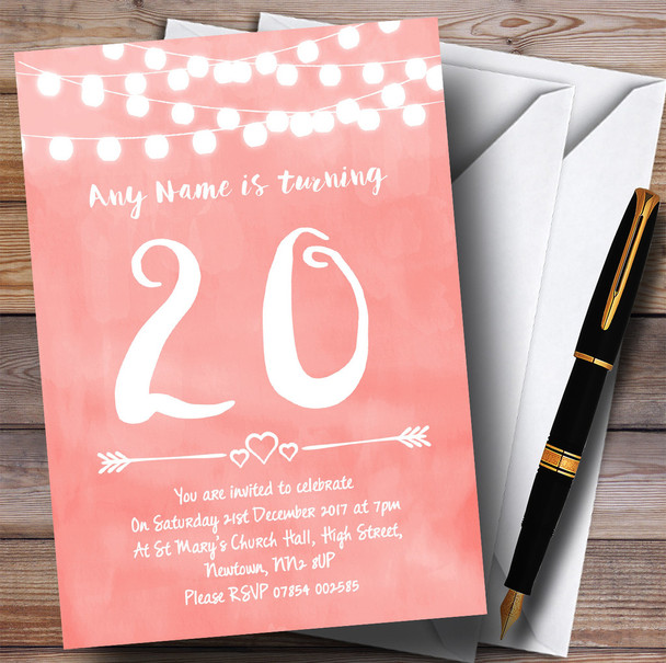 Coral Pink Lights 20th Personalized Birthday Party Invitations