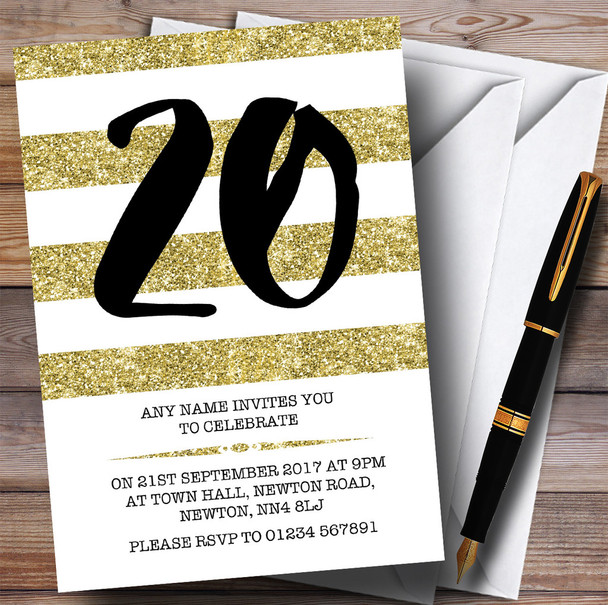 Glitter Gold & White Striped 20th Personalized Birthday Party Invitations