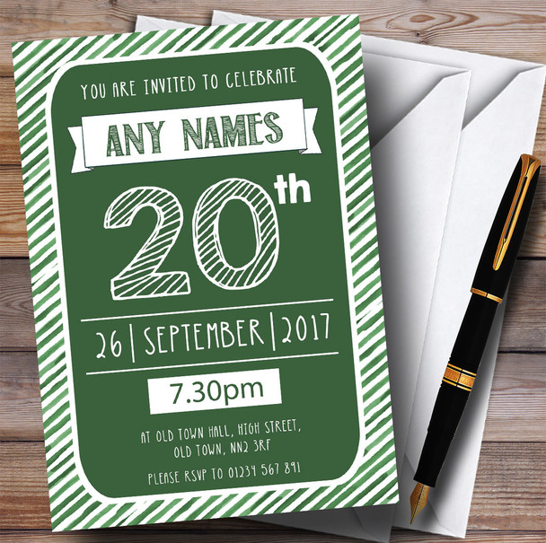 Green & White Stripy Deco 20th Personalized Birthday Party Invitations