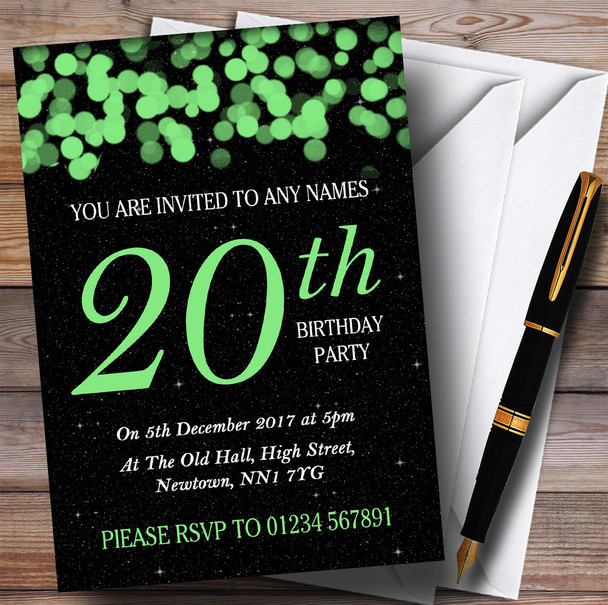 Green Bokeh & Stars 20th Personalized Birthday Party Invitations