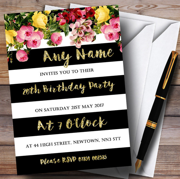 Pink Floral Black White Gold 20th Personalized Birthday Party Invitations