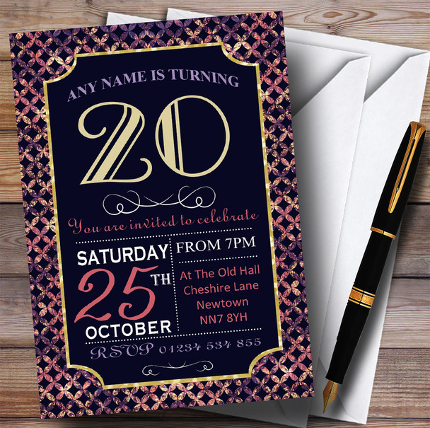 Pink Purple Glitz 20th Personalized Birthday Party Invitations