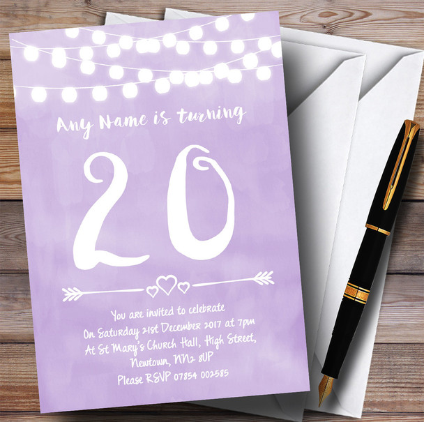 Purple Lilac Lights 20th Personalized Birthday Party Invitations