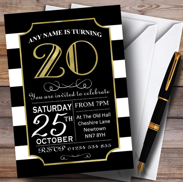 Black & White Stripy Gold 20th Personalized Birthday Party Invitations