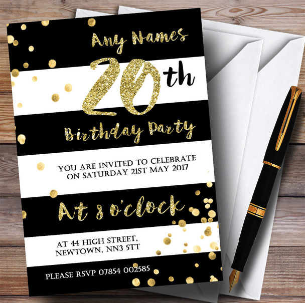 Black & White Stripy Gold Confetti 20th Personalized Birthday Party Invitations