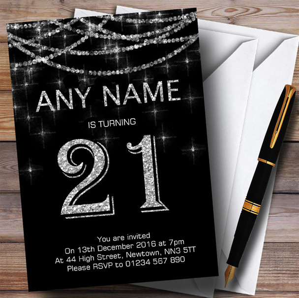 Black & Silver Sparkly Garland 21st Personalized Birthday Party Invitations