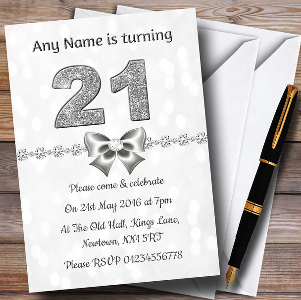 White Bokeh & Silver Glitter Look 21St Personalized Birthday Party Invitations