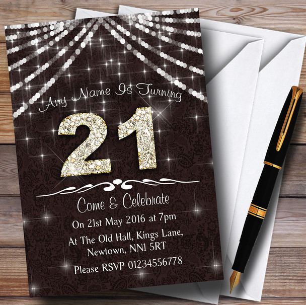 21St  Brown & White Bling Sparkle Birthday Party Personalized Invitations