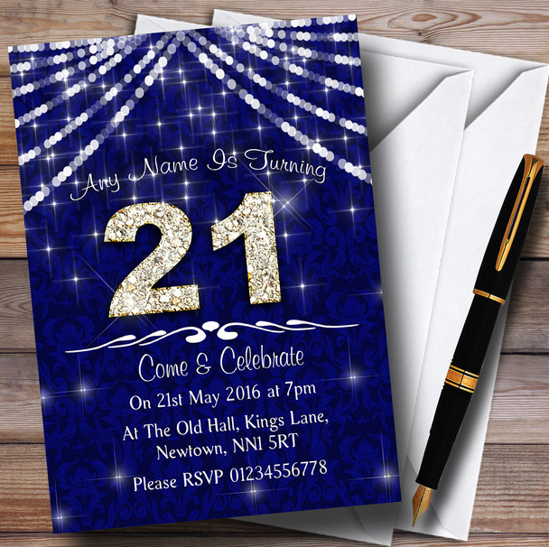 21St  Navy Blue & White Bling Sparkle Birthday Party Personalized Invitations