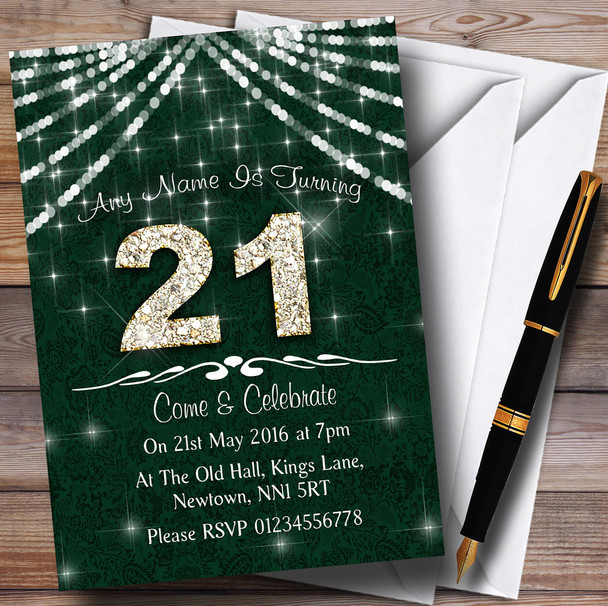 21St Green & White Bling Sparkle Birthday Party Personalized Invitations