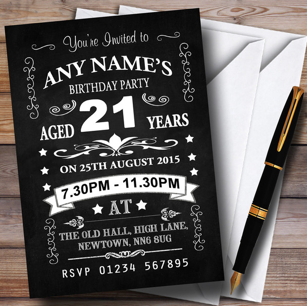 Vintage Chalkboard Style Black And White 21St Birthday Party Personalized Invitations